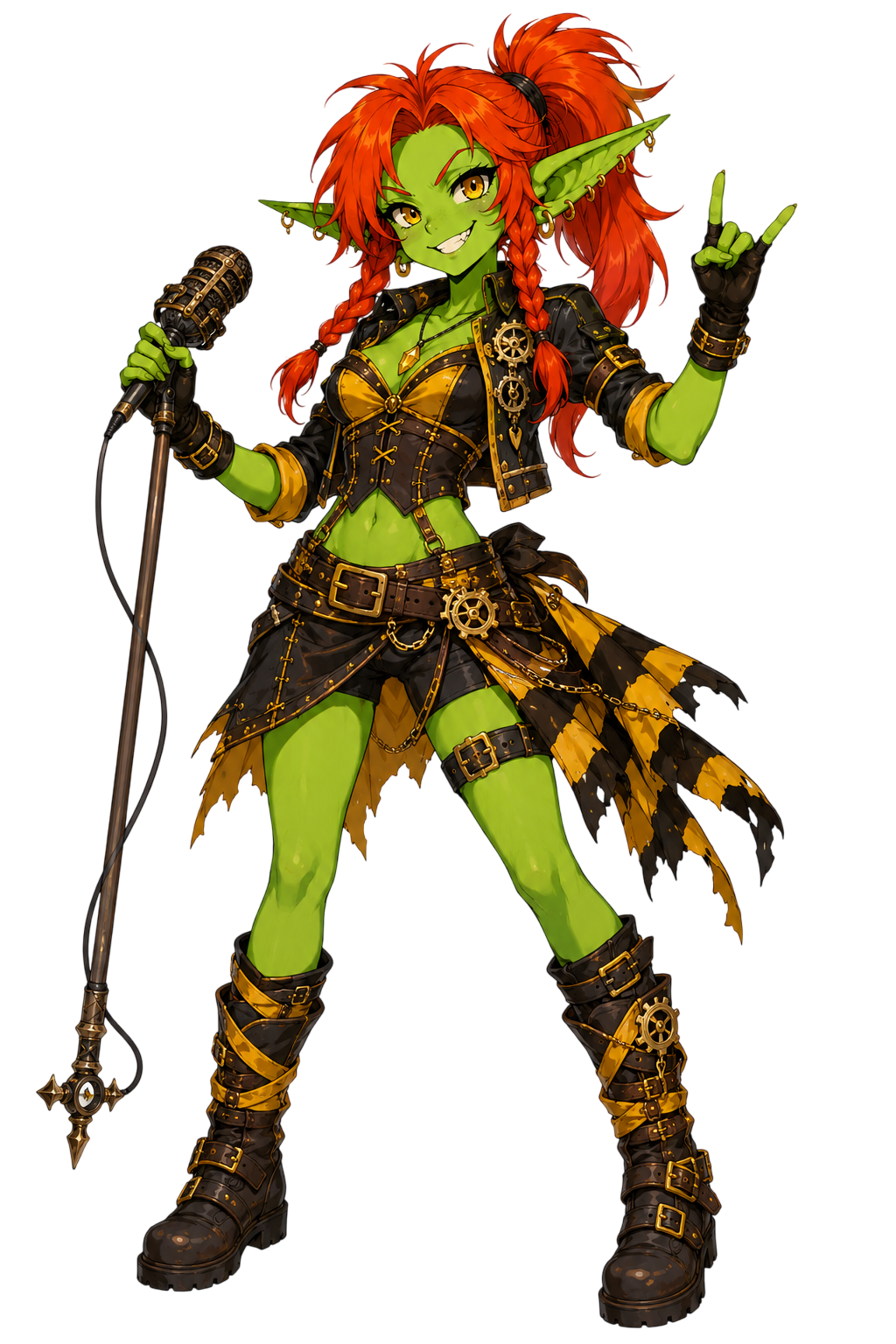 Becka Bitesize, a red-haired goblin host holding a microphone